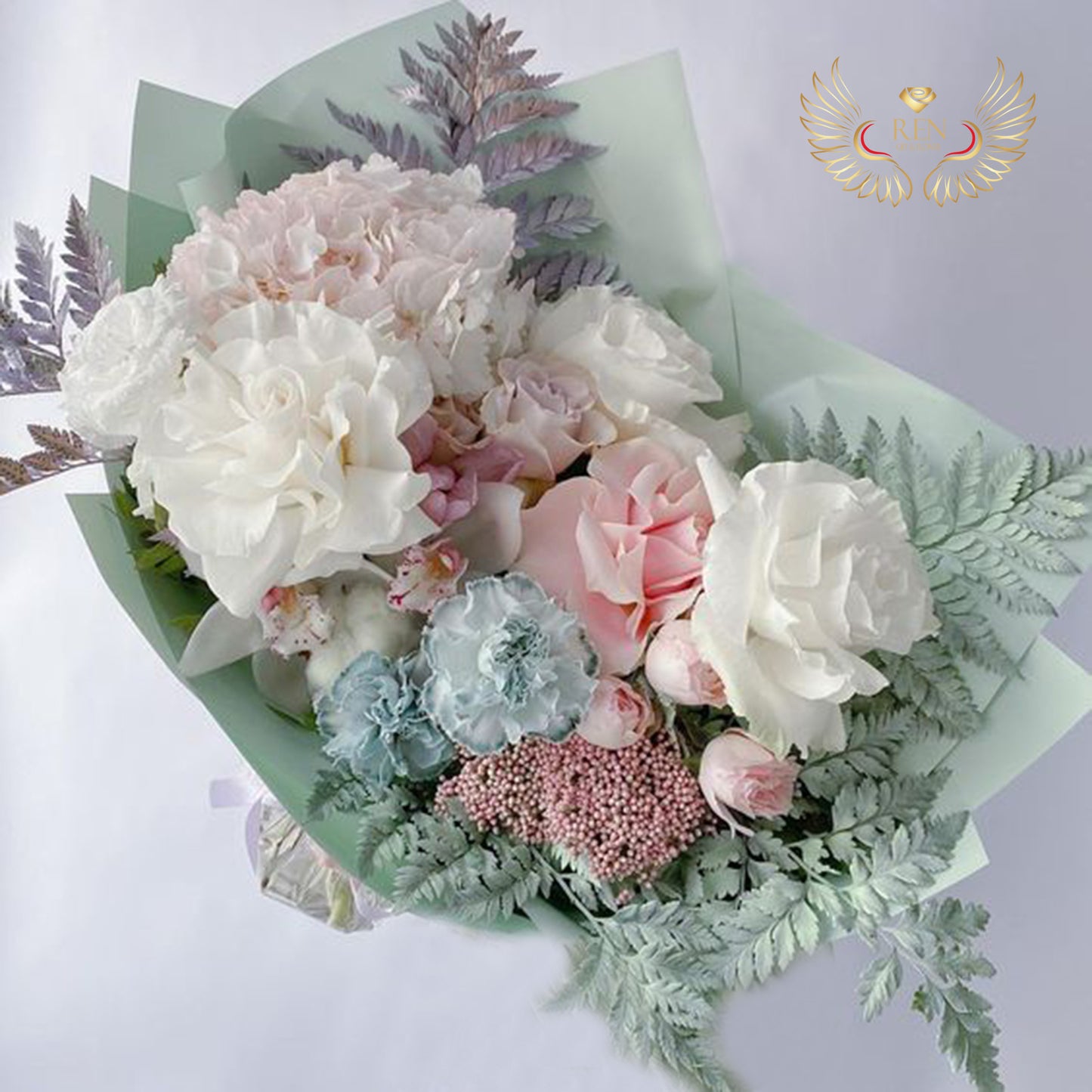 Roses, Carnations, Hydrangea, cymbidium mix bouquet