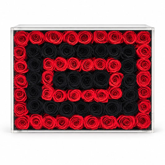 Black and Deep Red Forever Roses in Black Acrylic Box